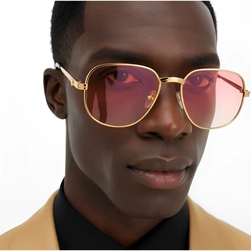 Gold Square Fashion Sunglasses Pink Gradient Lens‎ Retro 70s Braided Temple Mens